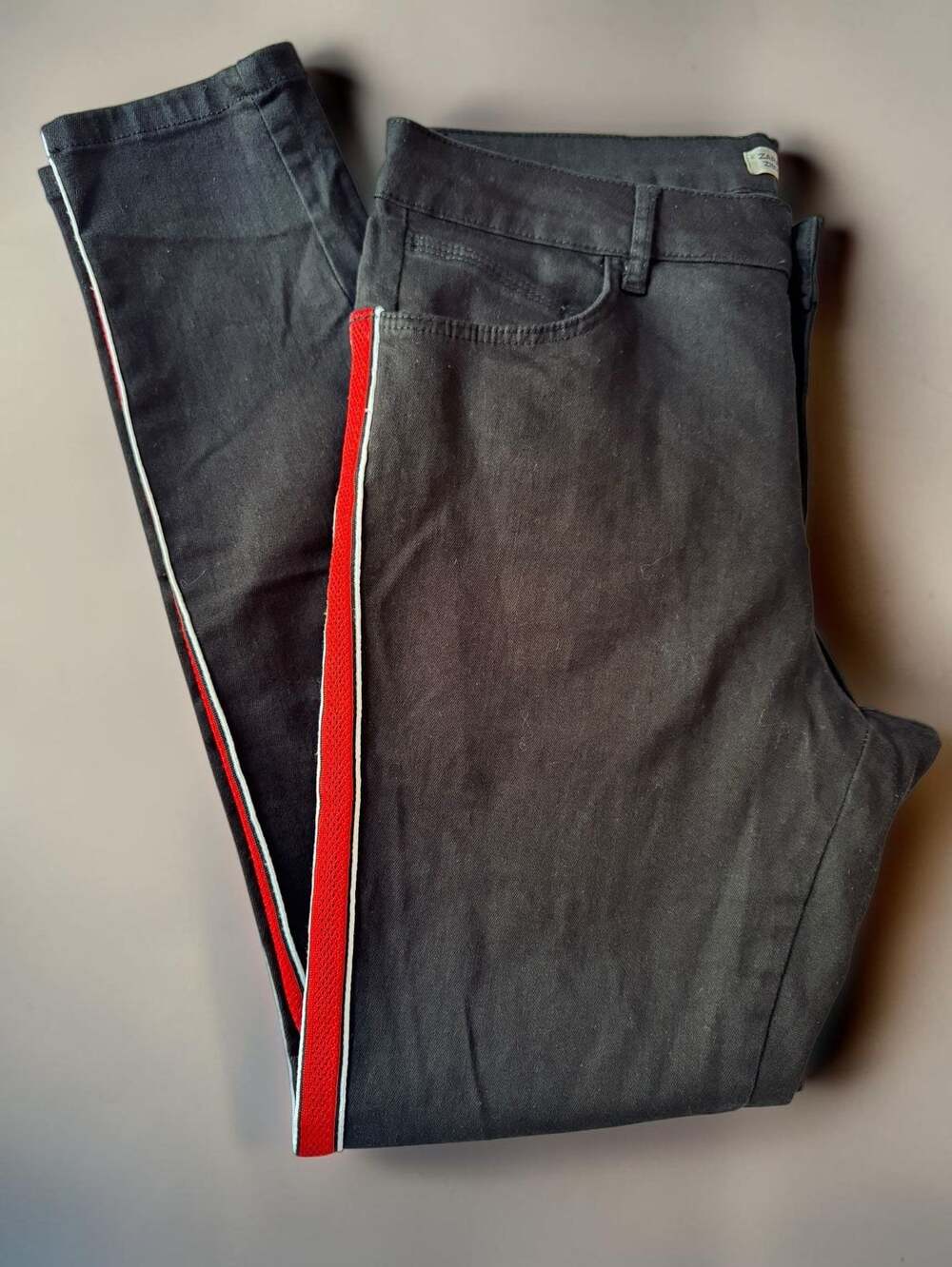 Zara Basic Z1975 Denim Black Skinny Jeans with Red and White Side Stripe
